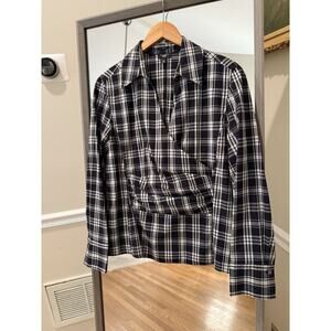 Talbots Black White Gingham Print Front Wrap Shirt Womens Long Sleeve Size 14 P